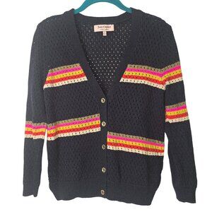 Juicy Couture Knit Cardigan Sweater Black Striped Gold Buttons M Mindy Project
